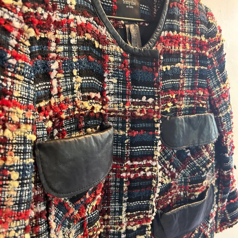 Smythe Boucle Leather-Detail Jacket Womens Size 6 Plaid Blazer Navy Career - Picture 5 of 10